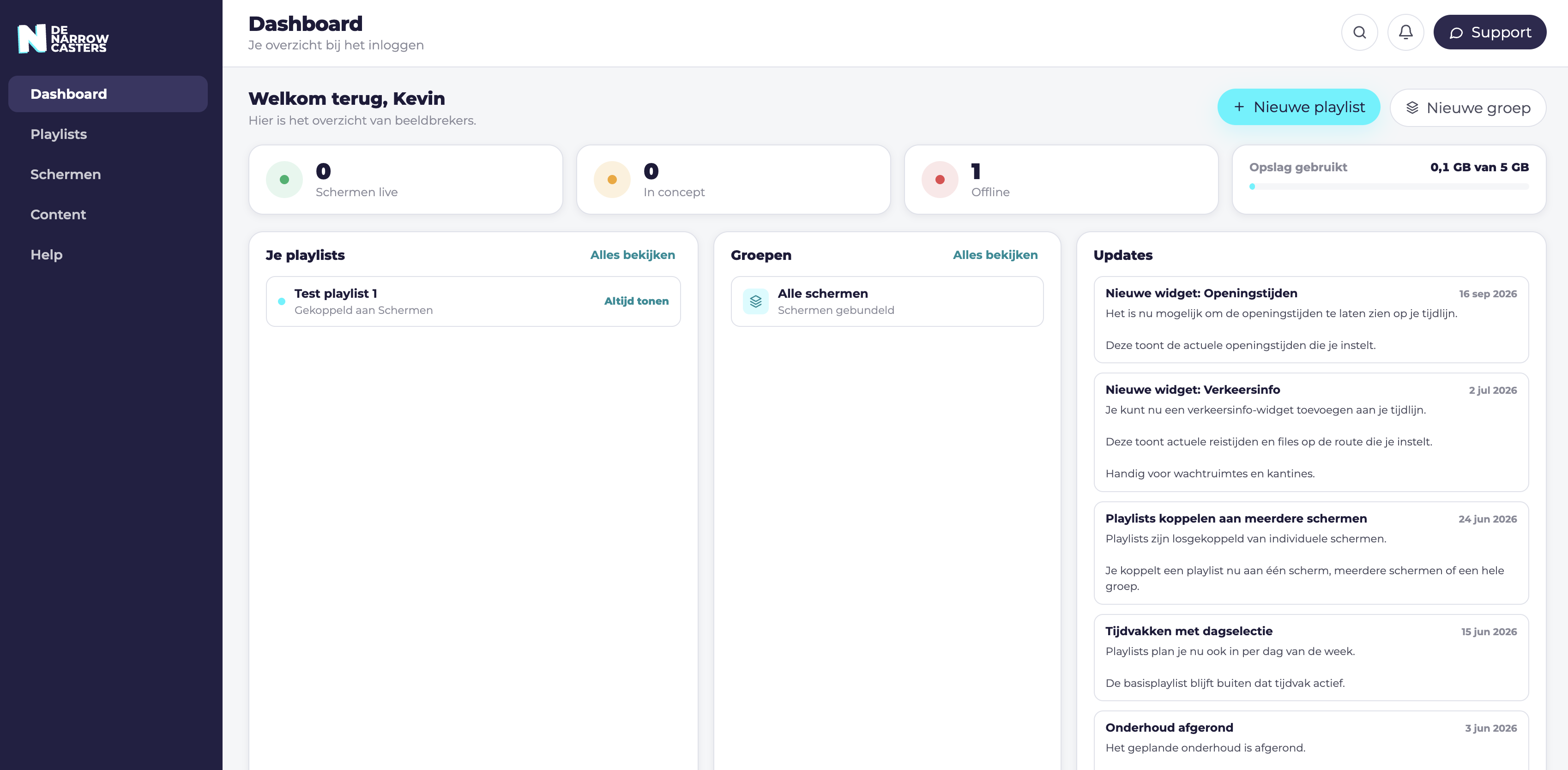 Dashboard van het Narrowcasters klantplatform