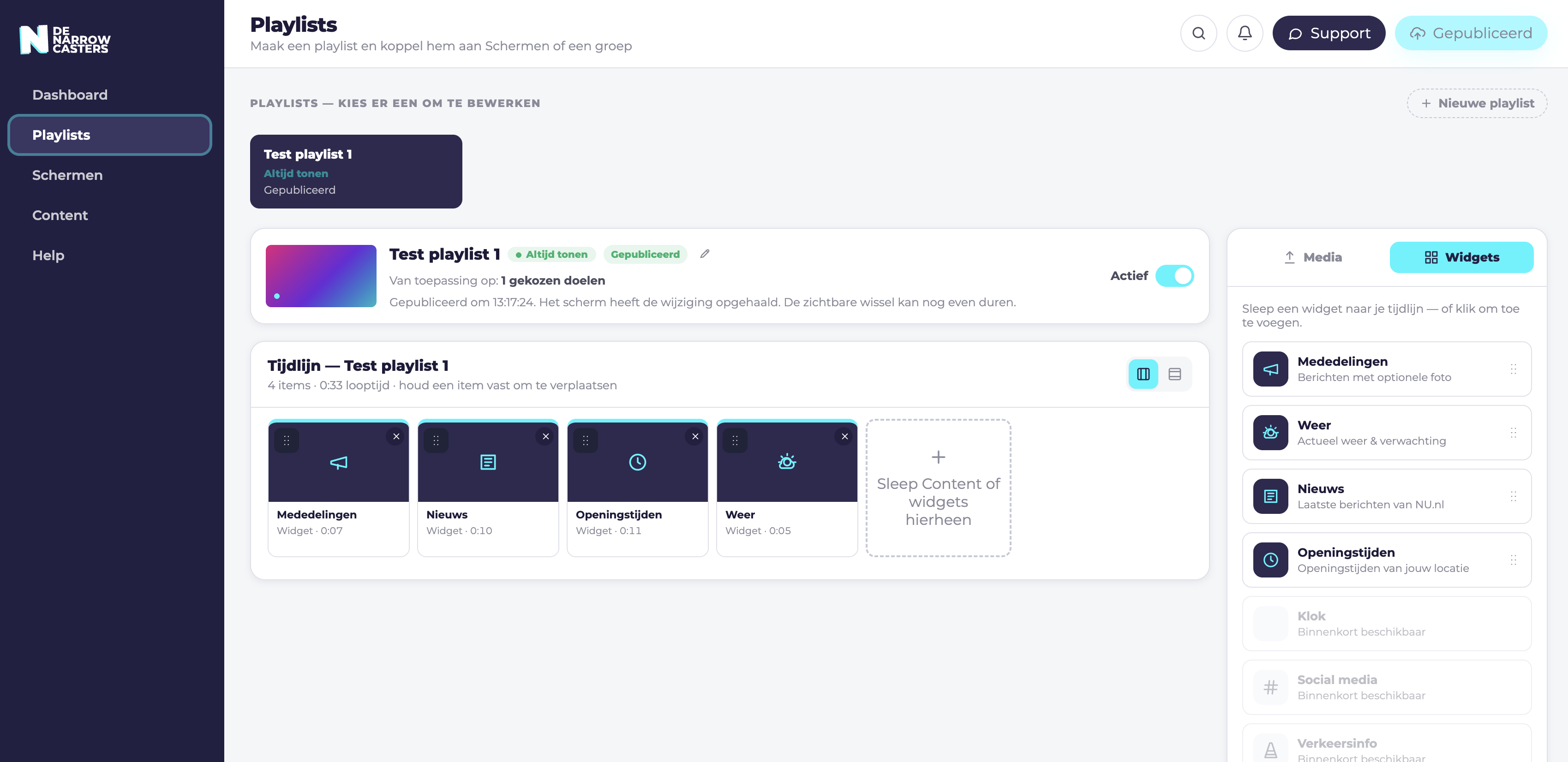 Gepubliceerde playlist in het Narrowcasters klantplatform