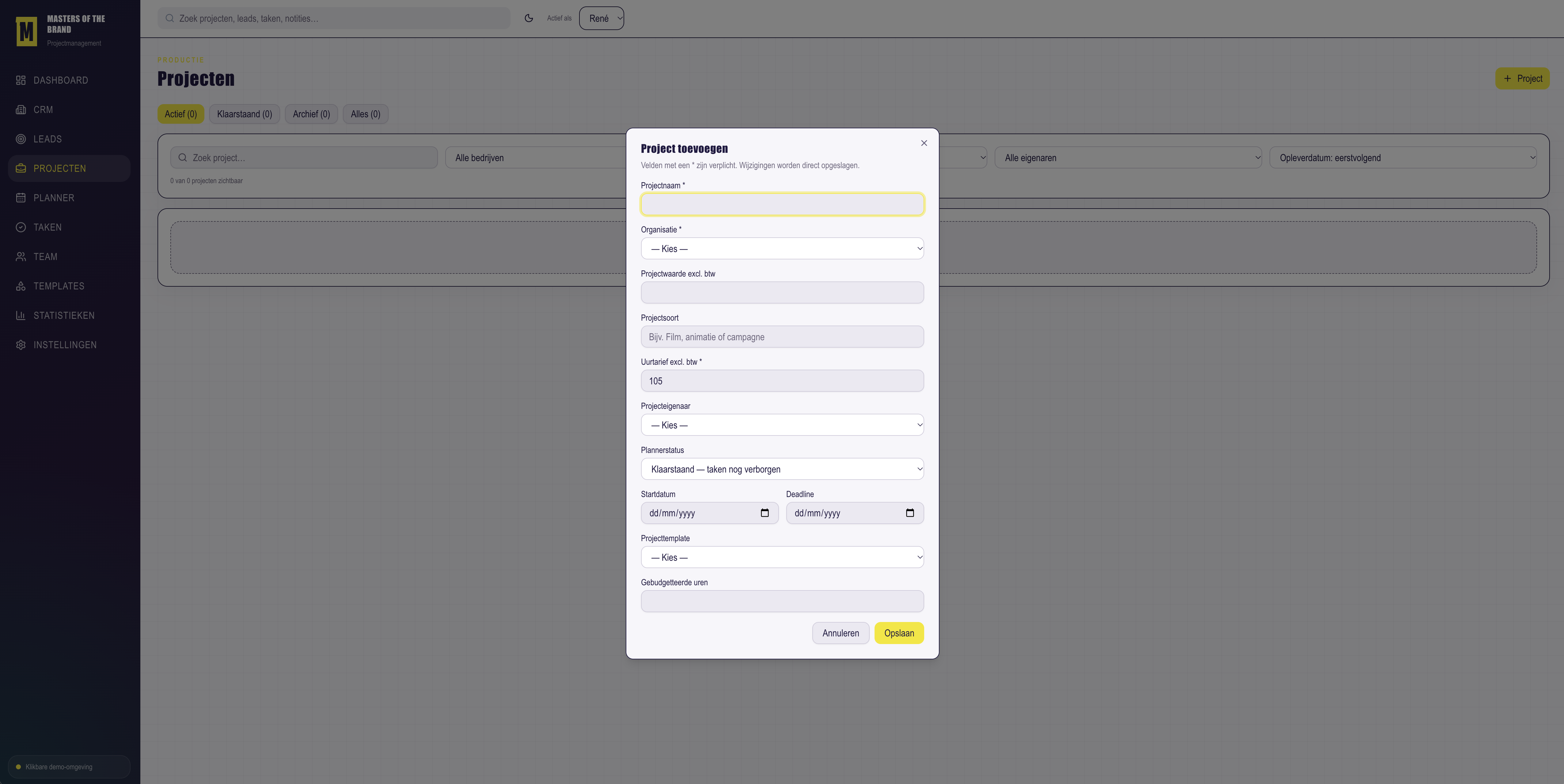 Projectformulier in het projectmanagementplatform