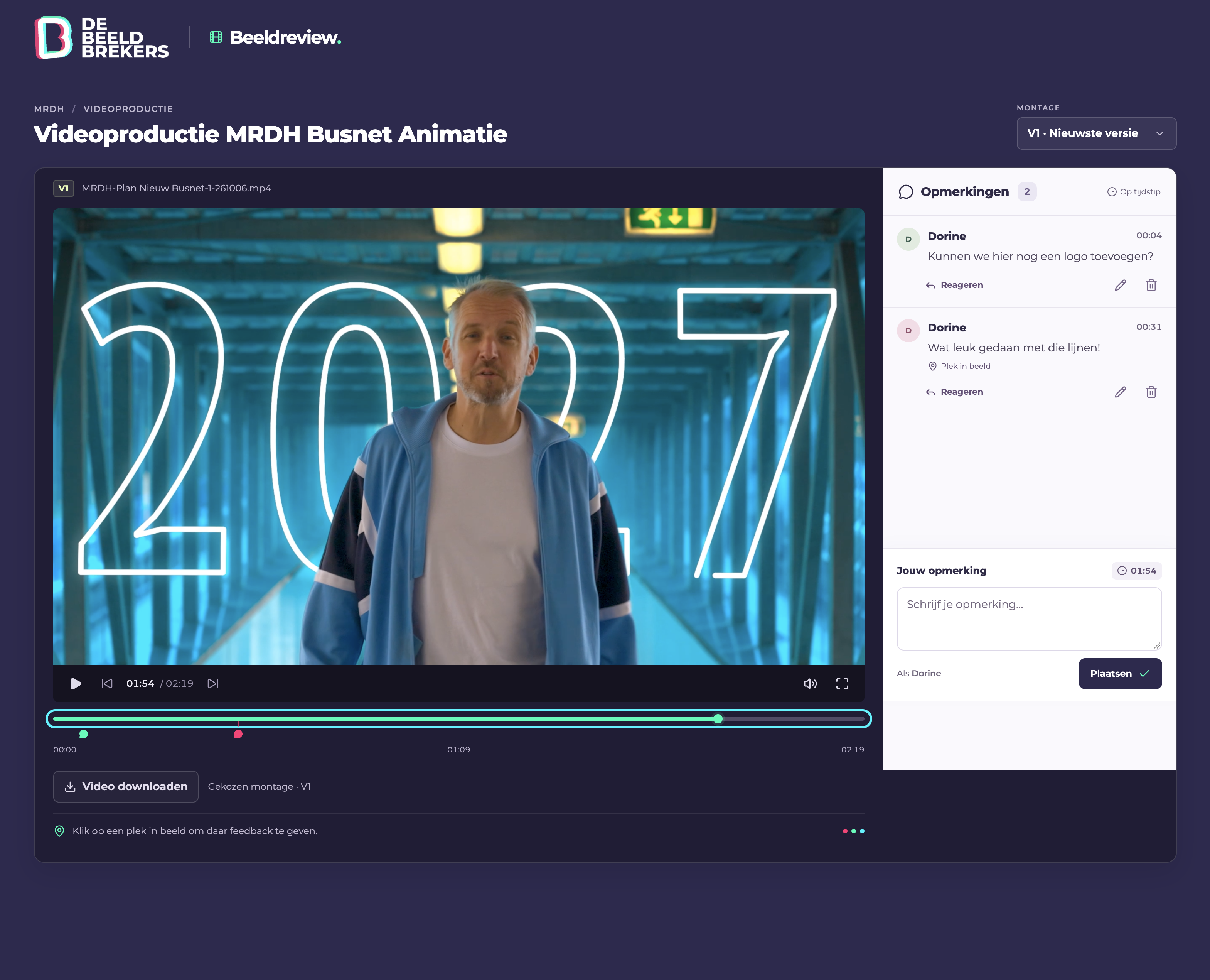 Beeldreview met feedback op tijdcode en een exacte plek in het videobeeld