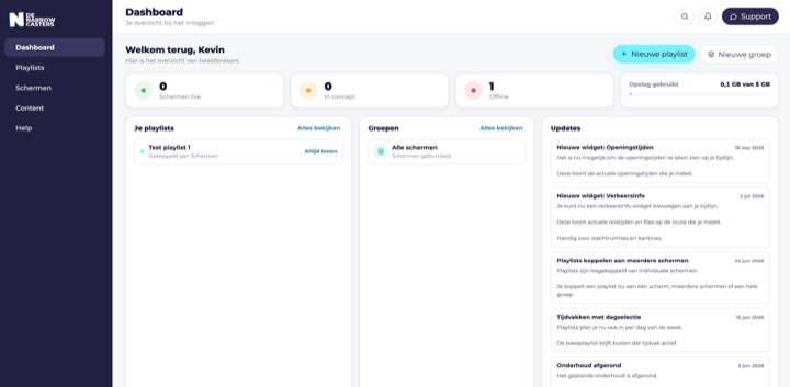 Dashboard van het Narrowcasters klantplatform